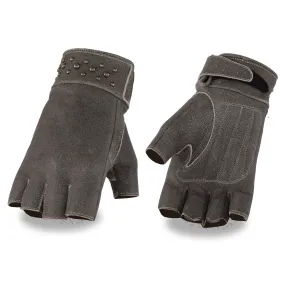 GREY MG7761 Women's Leather Gel Palm Fingerless Motorcycle Hand Gloves W/ Stylish ‘Wrist Detailing’