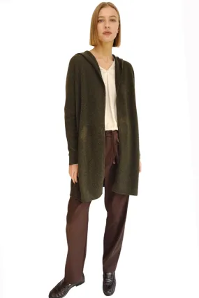 Long Cashmere Hooded Cardigan in dark olive green