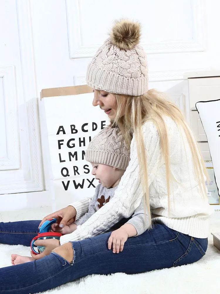 Mommy and Me 2-PACK Pompon Knitted Crochet Hat