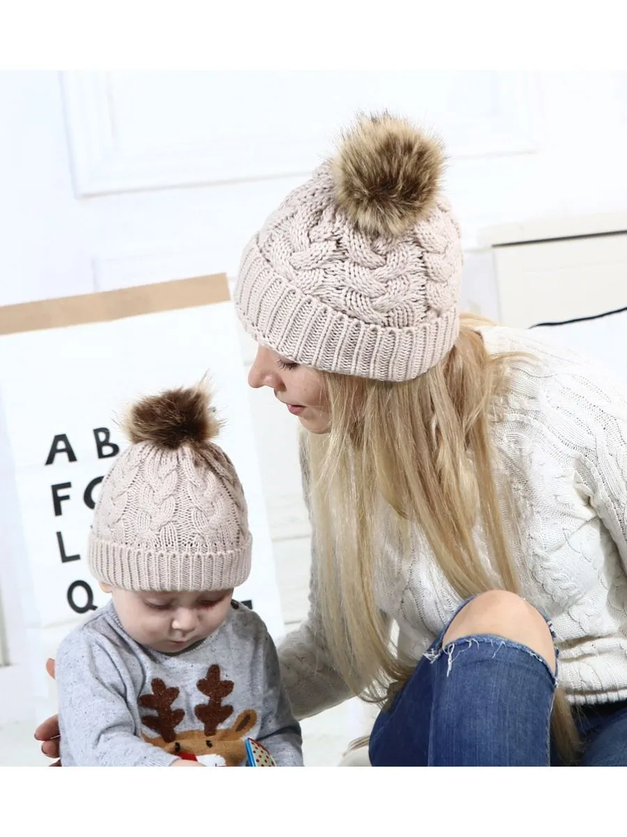 Mommy and Me 2-PACK Pompon Knitted Crochet Hat