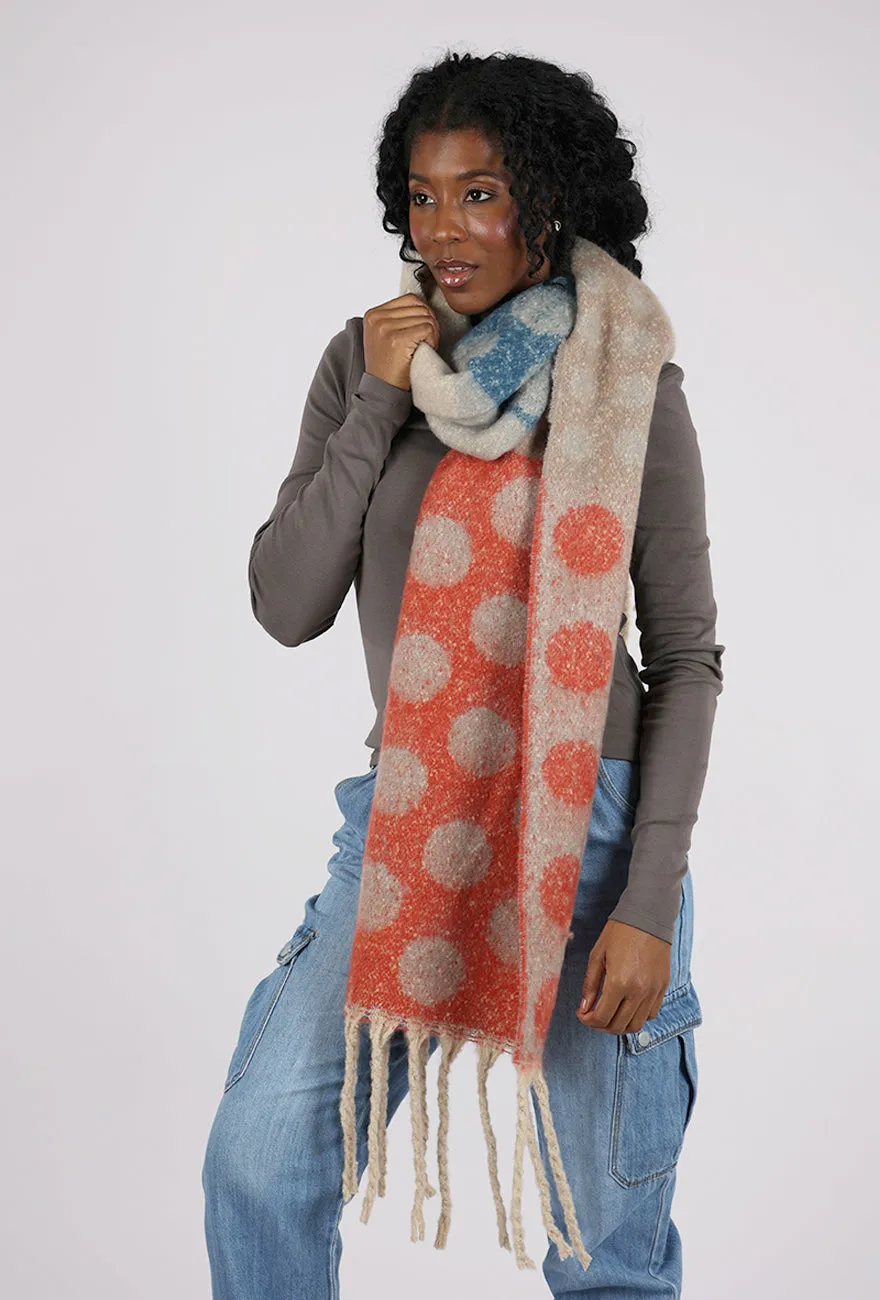 Oversize Polka Dot Patchwork Scarf, Coral/Blue