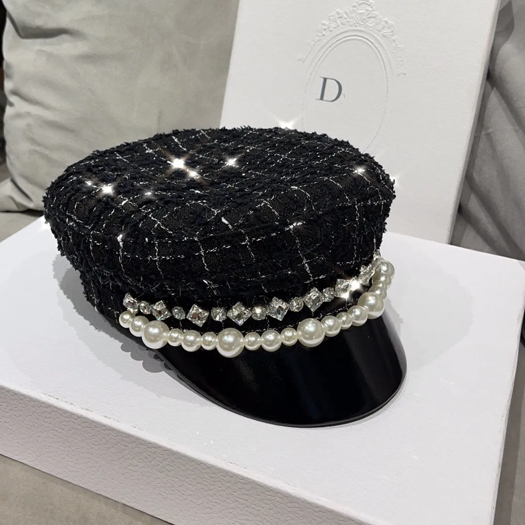 Pearl rhinestone octagonal hat for women wool plaid newsboy beret