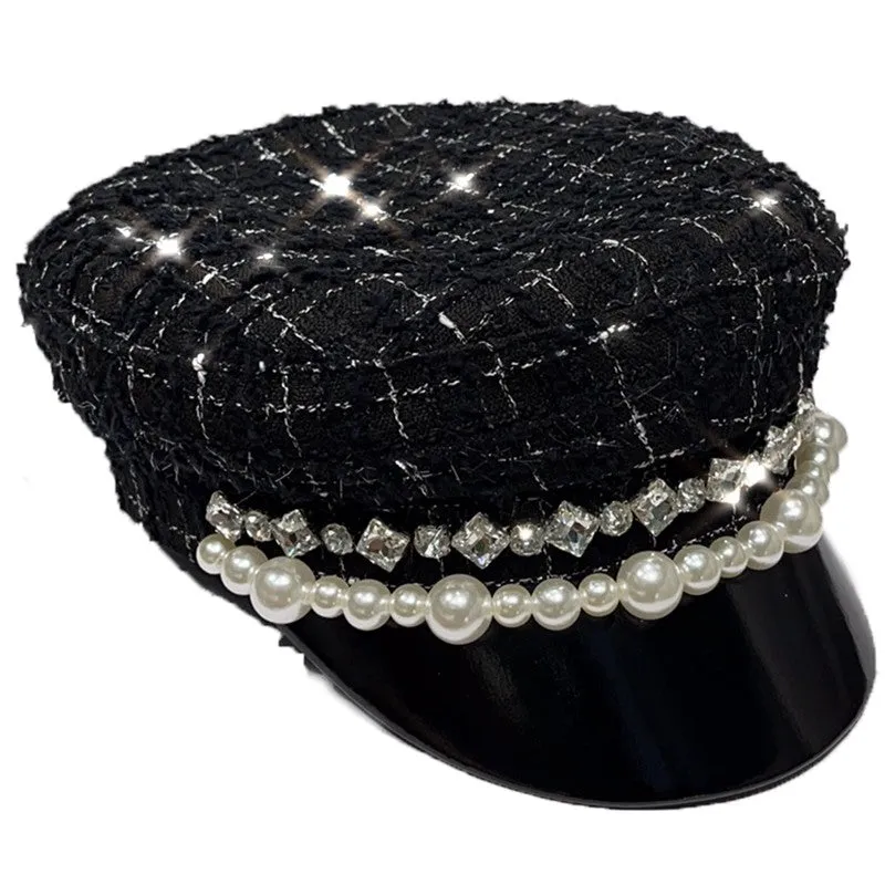 Pearl rhinestone octagonal hat for women wool plaid newsboy beret