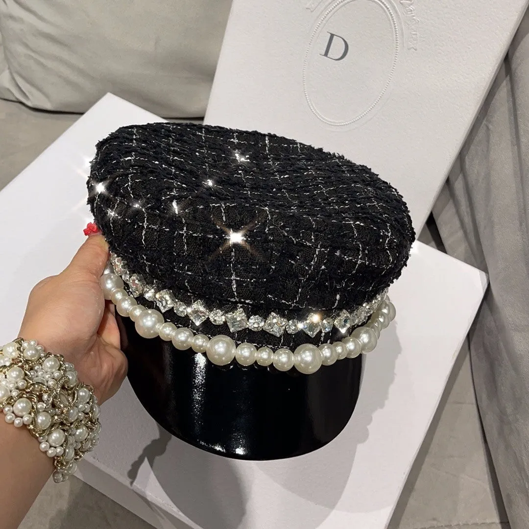 Pearl rhinestone octagonal hat for women wool plaid newsboy beret