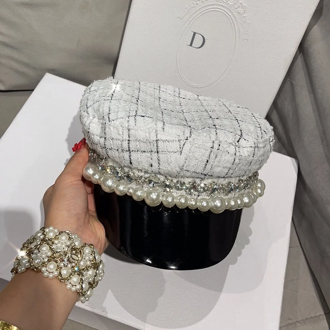 Pearl rhinestone octagonal hat for women wool plaid newsboy beret