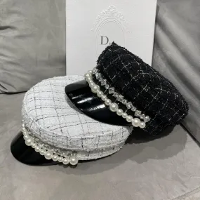 Pearl rhinestone octagonal hat for women wool plaid newsboy beret