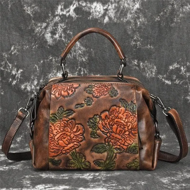 Red Flower Pattern Genuine Leather Women Handbag