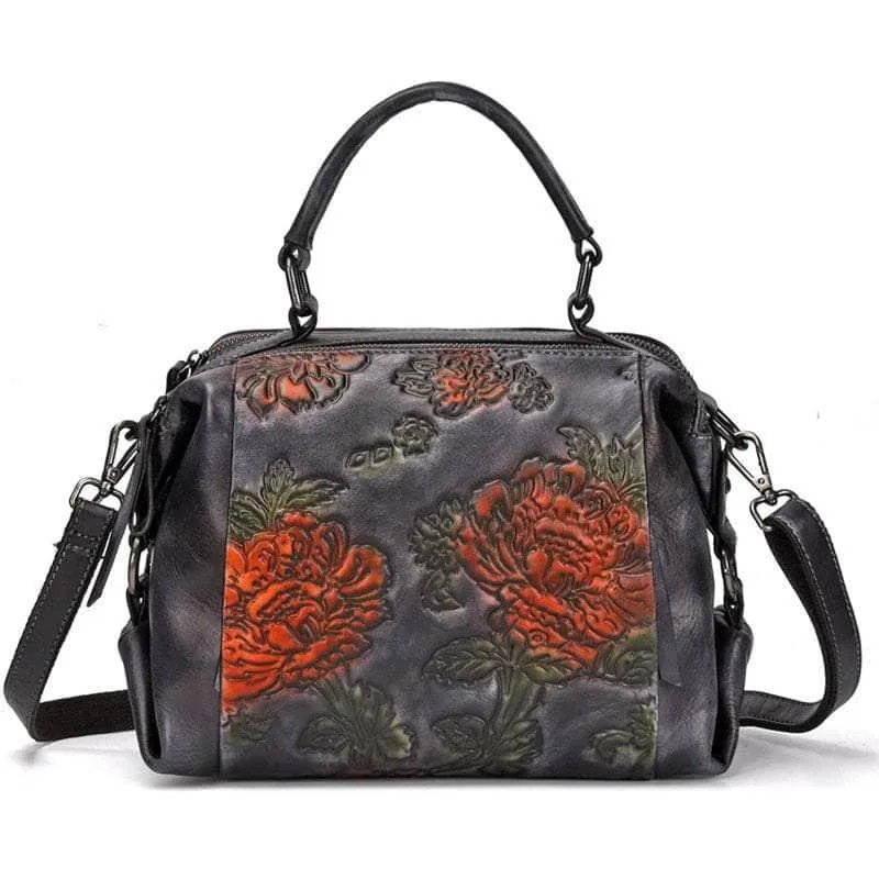 Red Flower Pattern Genuine Leather Women Handbag