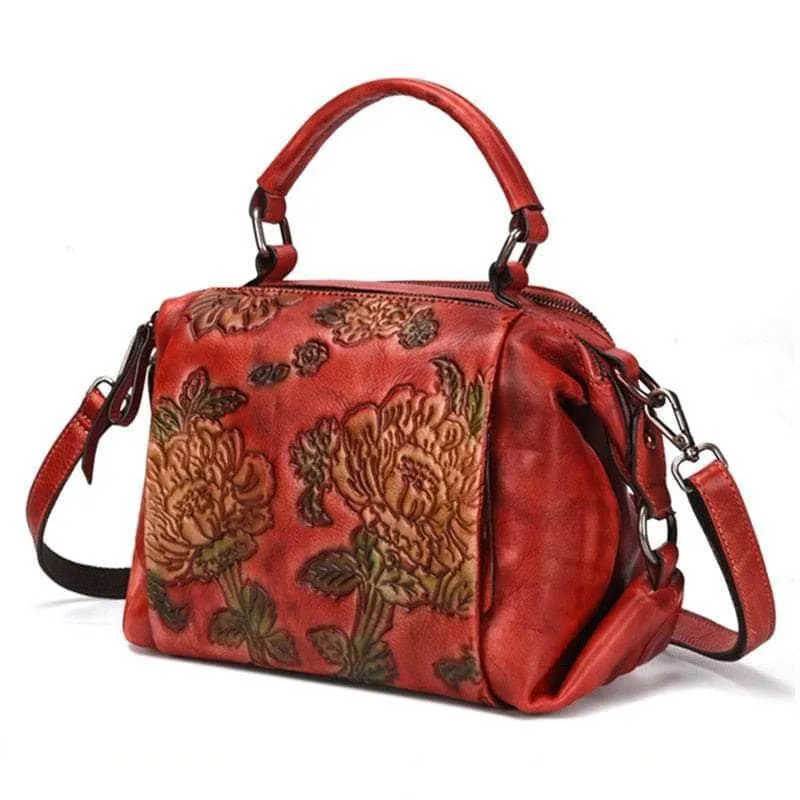 Red Flower Pattern Genuine Leather Women Handbag