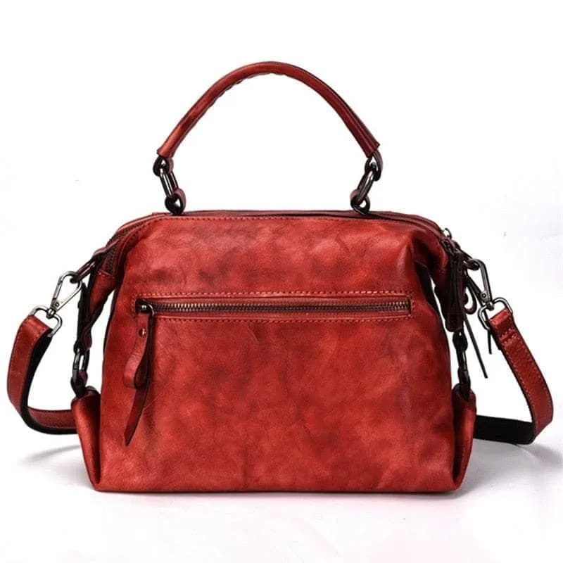 Red Flower Pattern Genuine Leather Women Handbag