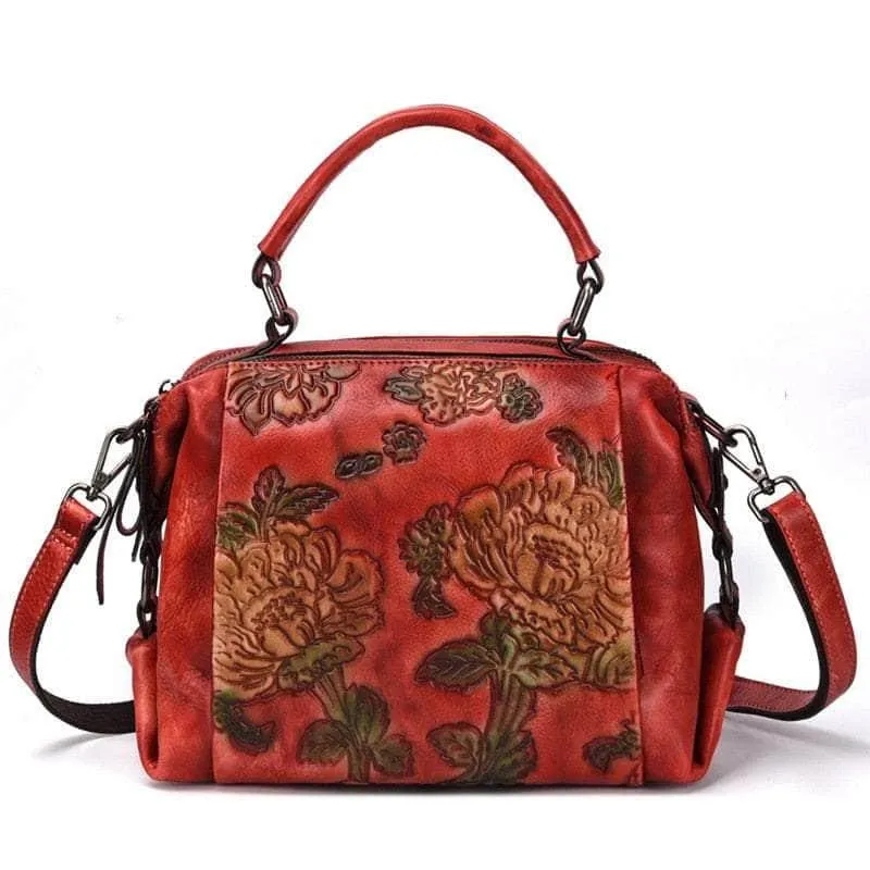 Red Flower Pattern Genuine Leather Women Handbag