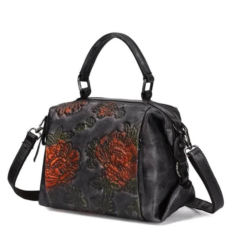 Red Flower Pattern Genuine Leather Women Handbag