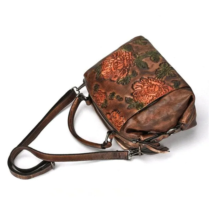 Red Flower Pattern Genuine Leather Women Handbag