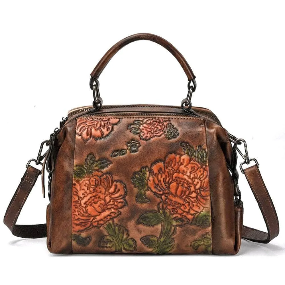 Red Flower Pattern Genuine Leather Women Handbag