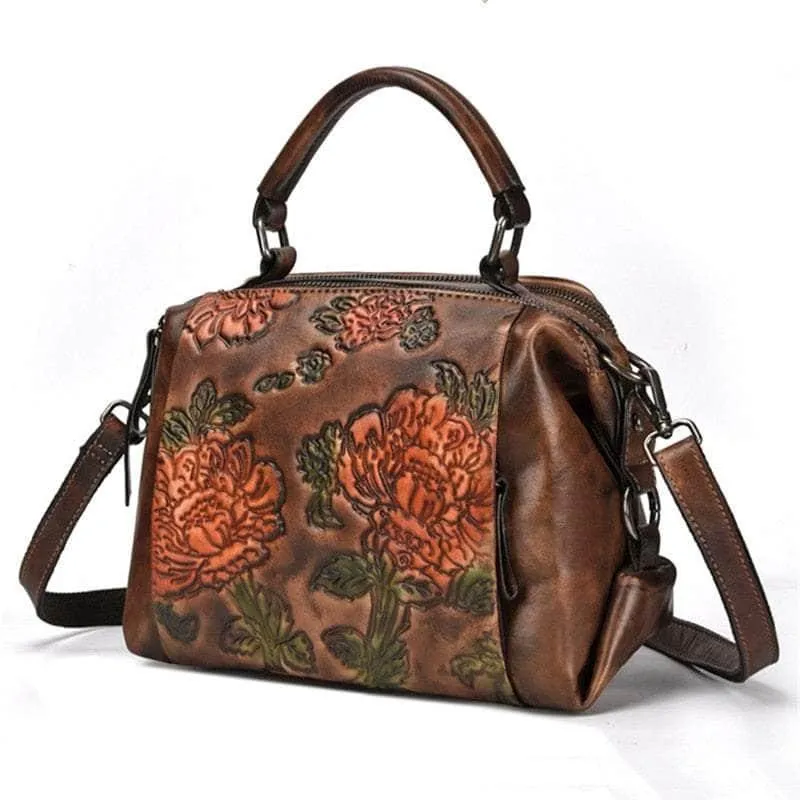 Red Flower Pattern Genuine Leather Women Handbag