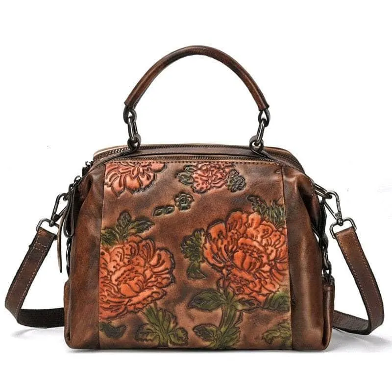 Red Flower Pattern Genuine Leather Women Handbag