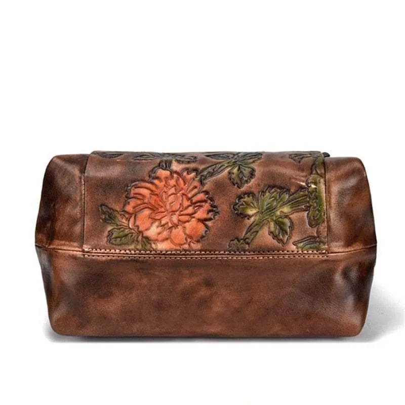 Red Flower Pattern Genuine Leather Women Handbag