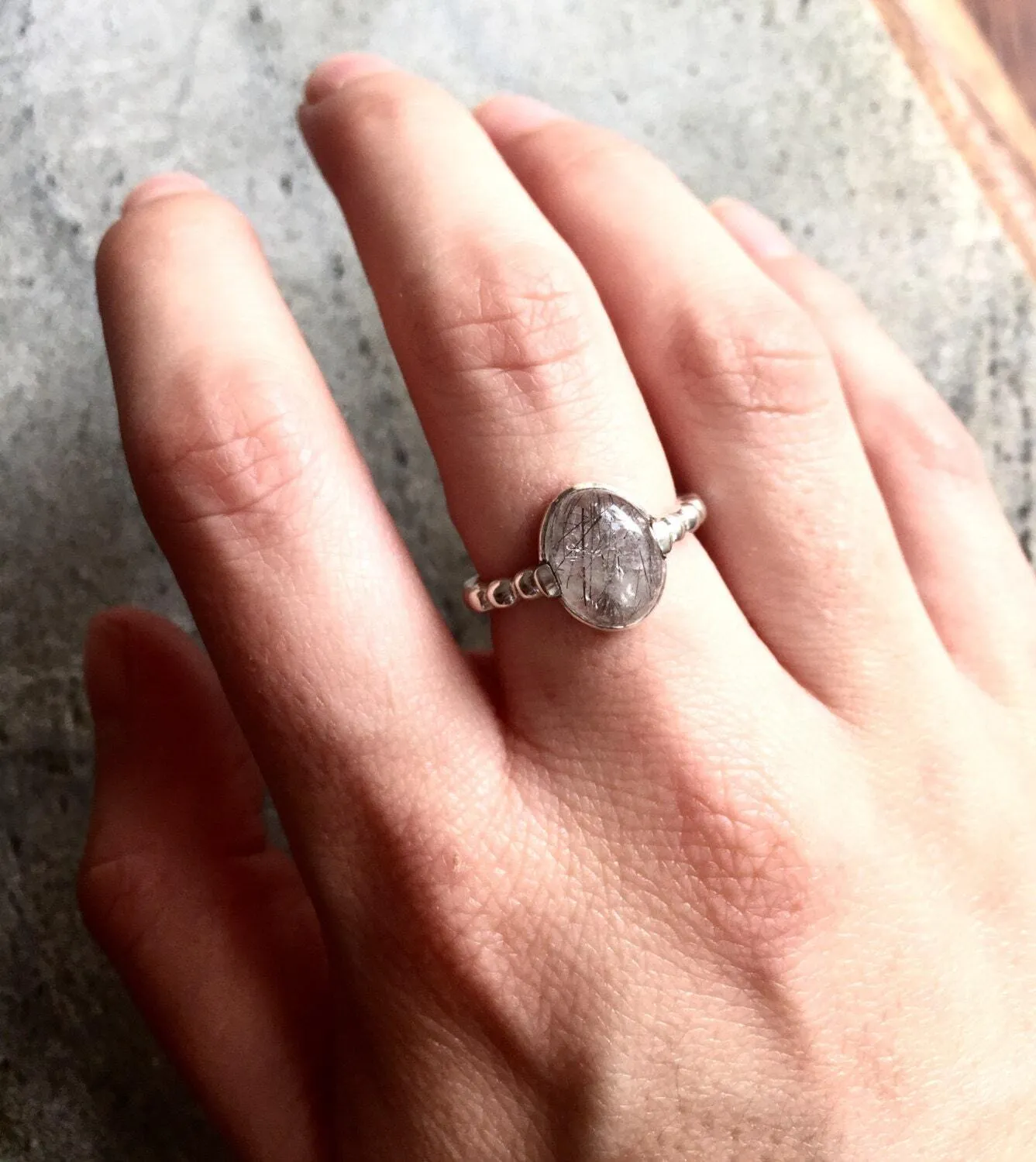 Rutilated Quartz Ring - Quartz Solitaire Ring - Vintage Bubble Band