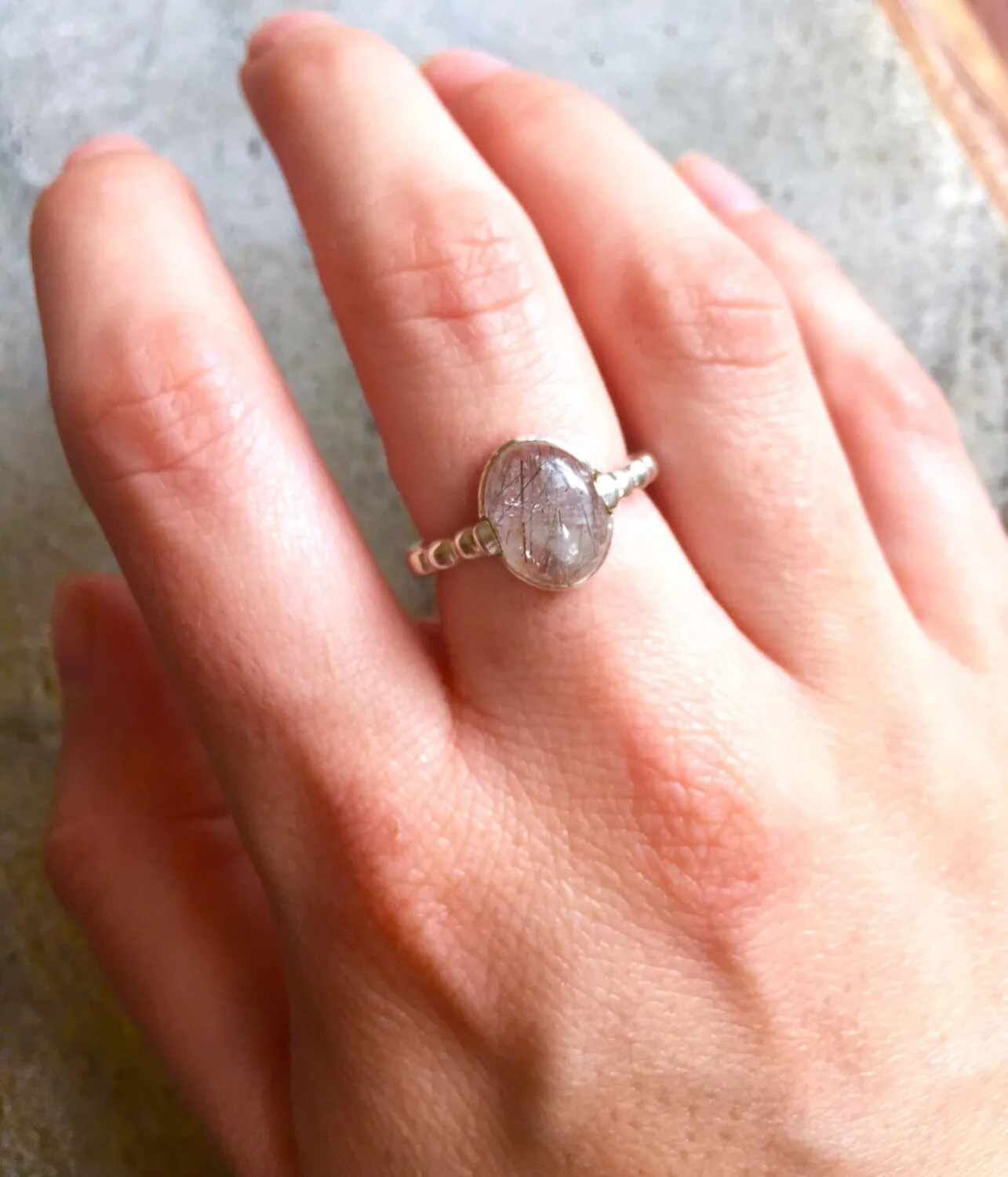 Rutilated Quartz Ring - Quartz Solitaire Ring - Vintage Bubble Band