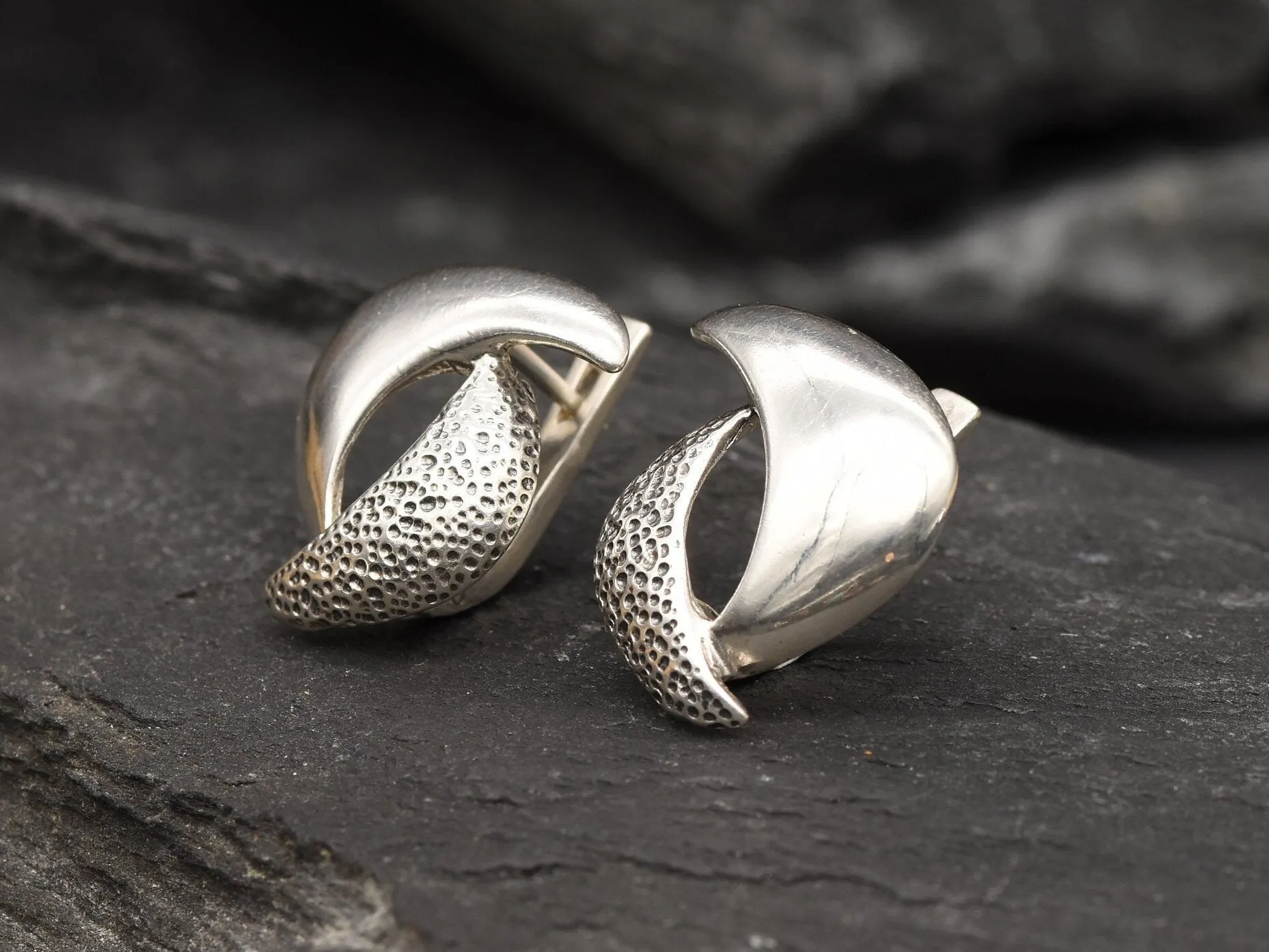 Silver Curved Earrings - Silver Textured Earrings - Yin Yang Earrings