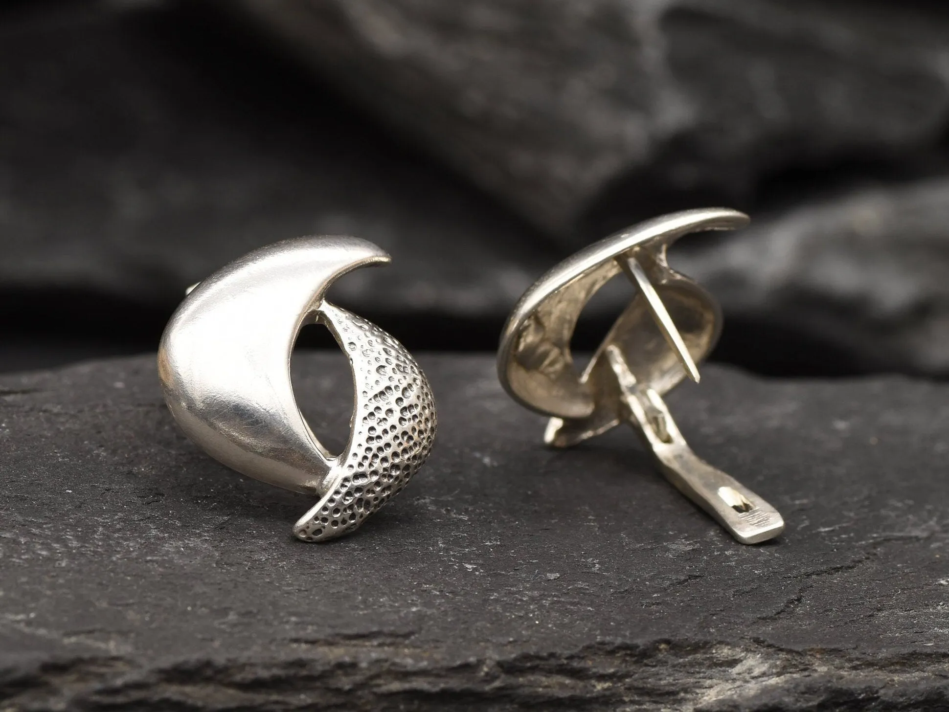 Silver Curved Earrings - Silver Textured Earrings - Yin Yang Earrings