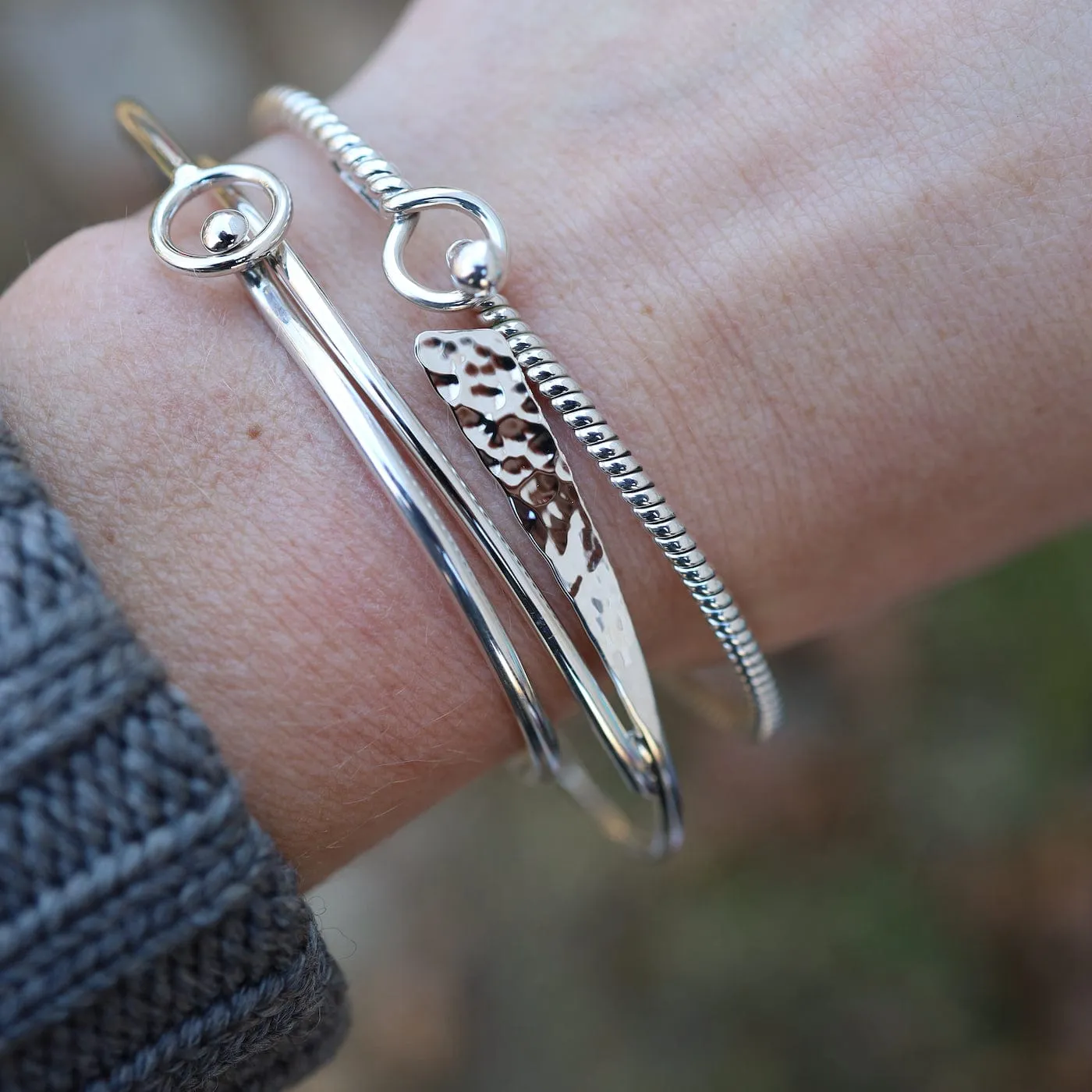 Sterling Silver Twisted Round Hook Bangle Bracelet