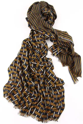 Tesselation navy and Ochre Modal SIlk Wool Cashmere Scarf