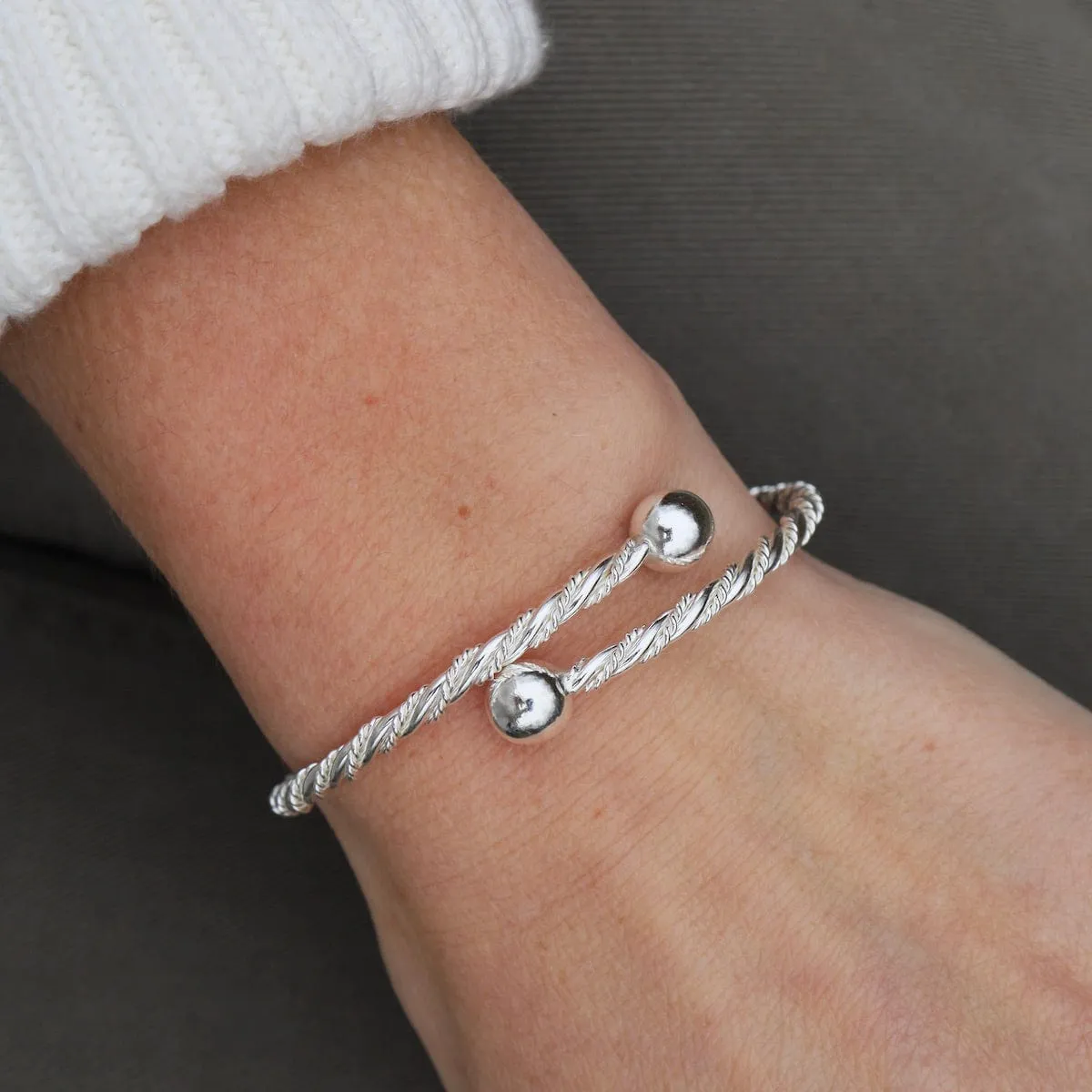 Twisted Dots & Tube with Ball Ends Sterling Silver Cuff