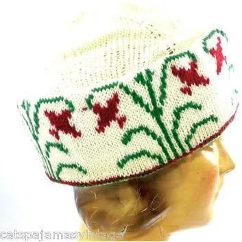 Vintage Arts & Crafts Era Hand Knit Wool Hat Cap Floral Pattern Mens Womens