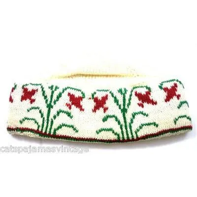 Vintage Arts & Crafts Era Hand Knit Wool Hat Cap Floral Pattern Mens Womens