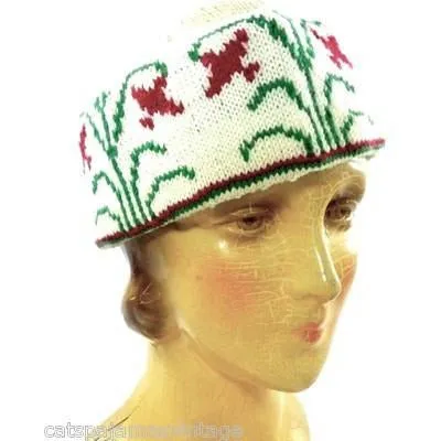 Vintage Arts & Crafts Era Hand Knit Wool Hat Cap Floral Pattern Mens Womens